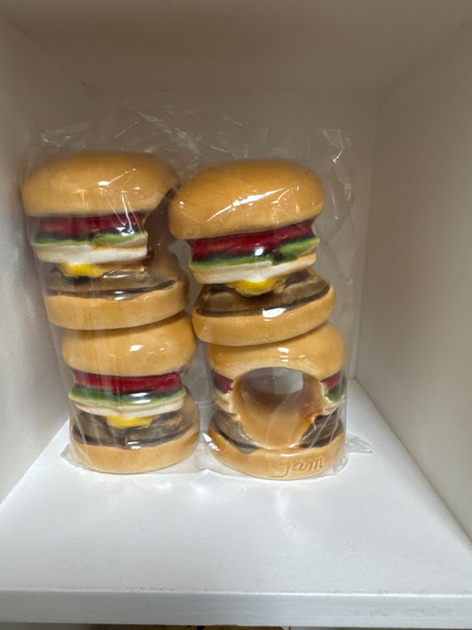 Unique set of four ceramic cheeseburger napkin rings