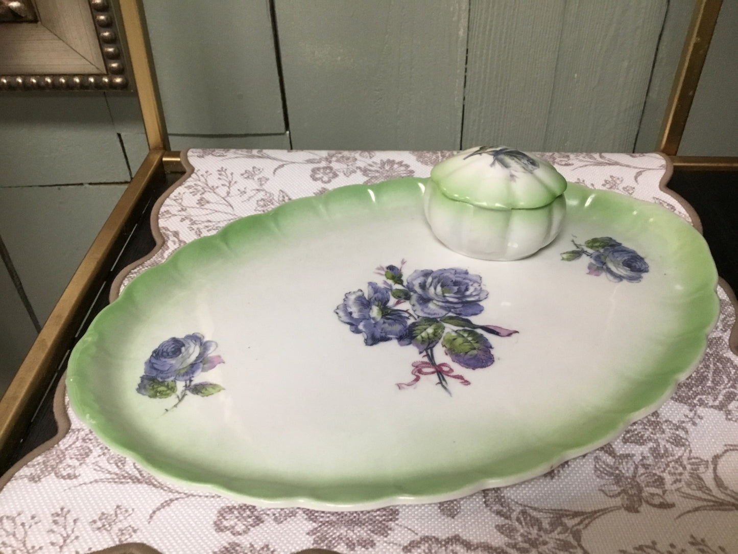 Vintage floral tray and trinket box set