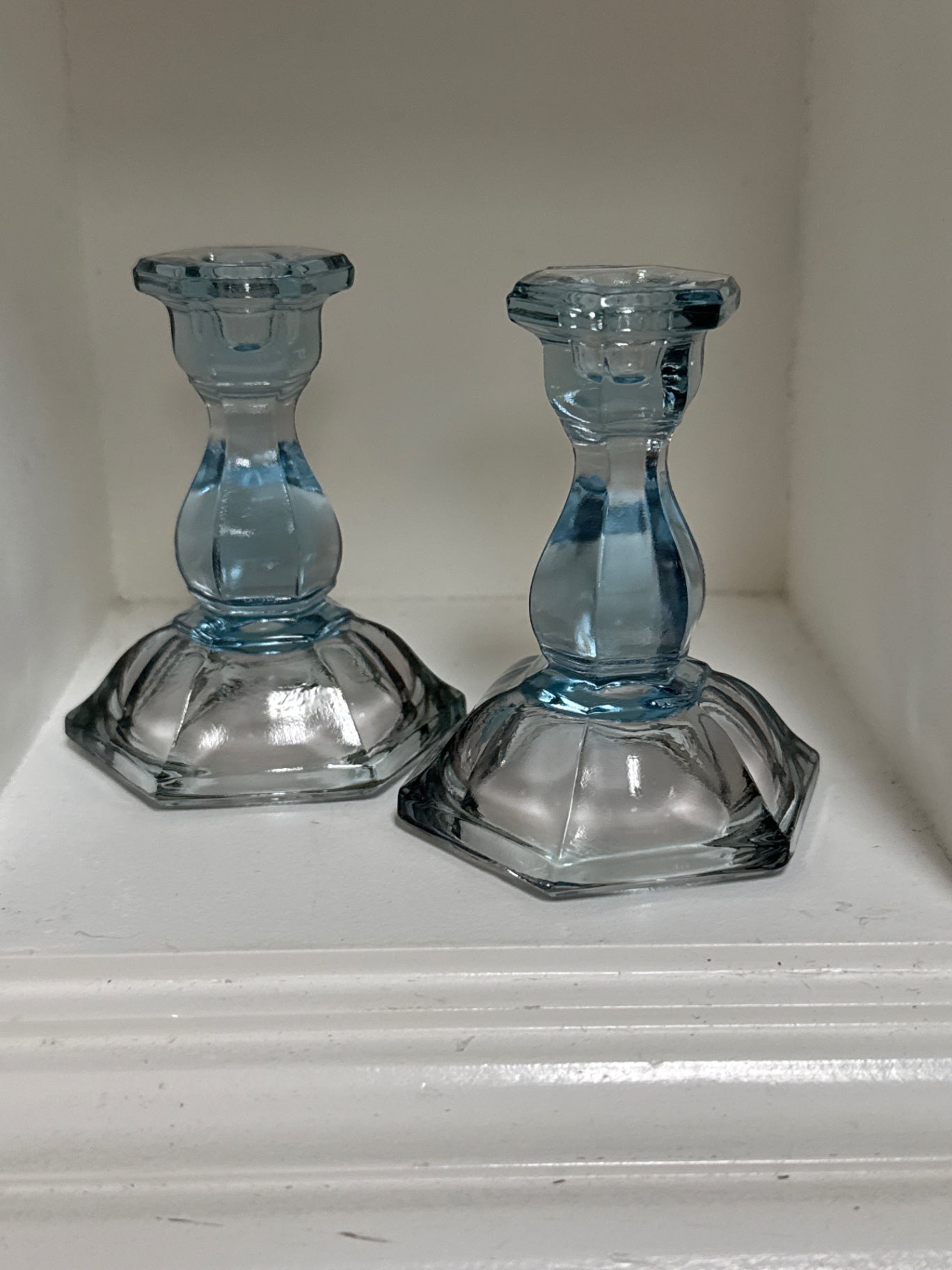 Vintage Tiara exclusive blue pressed glass candle holder pair