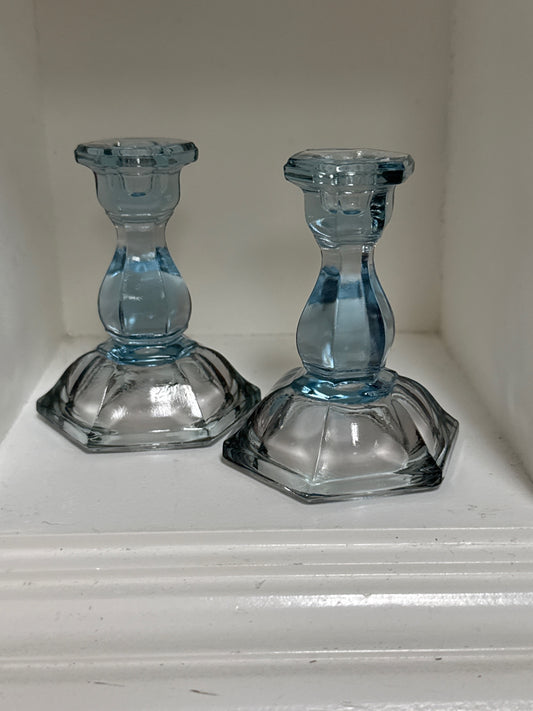 Vintage Tiara exclusive blue pressed glass candle holder pair