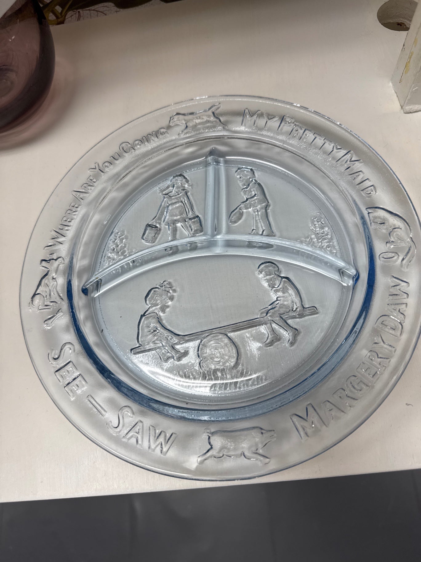 vintage Tiara Exclusives divided glass child's plate featuring a "See-Saw Margery Daw" 