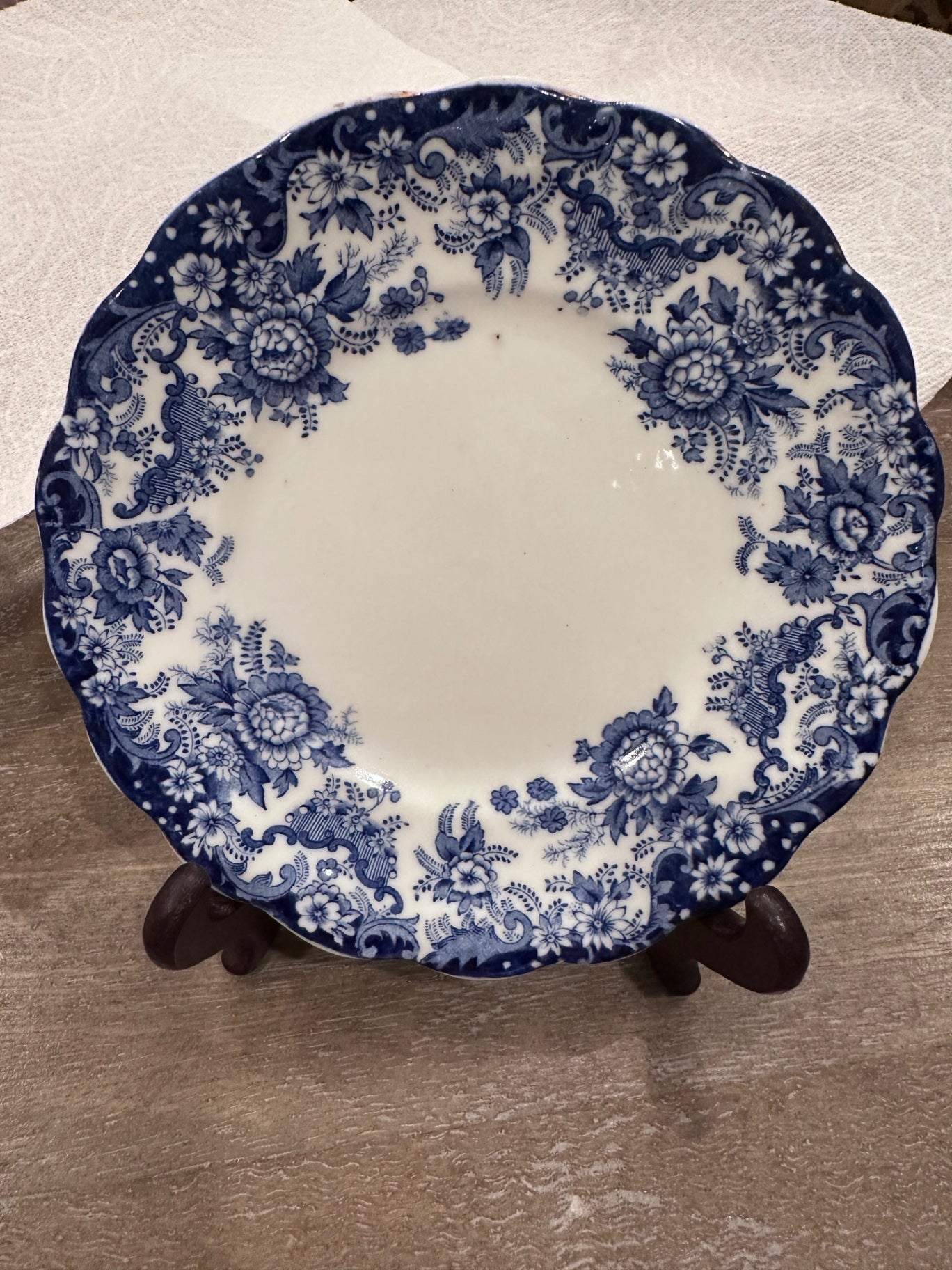 Blue and white transfer ware plate