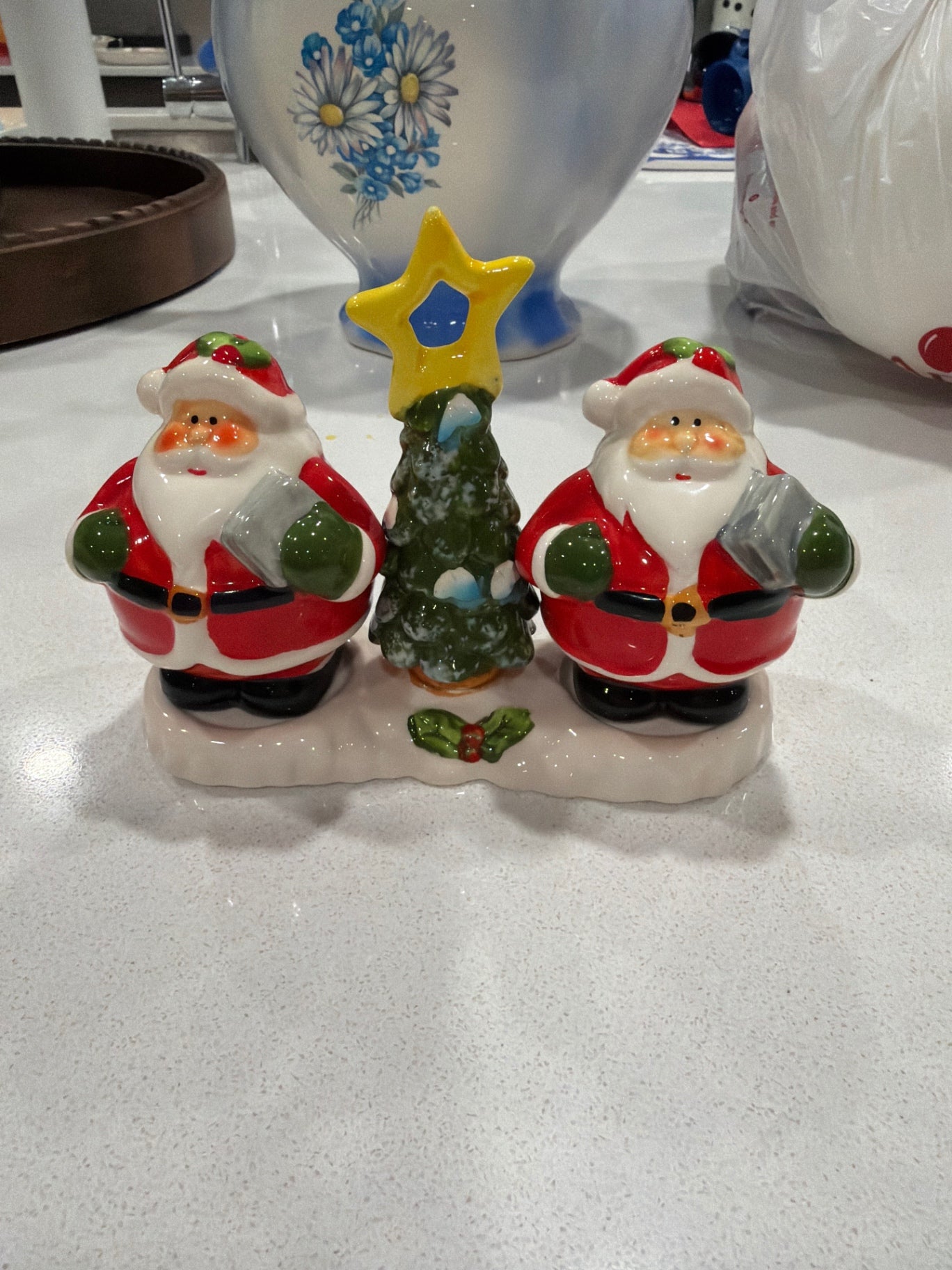 Vintage 3-Piece Ceramic Santa Salt & Pepper Shaker Set