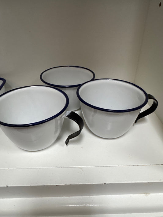 3 white and black enamelwere cups