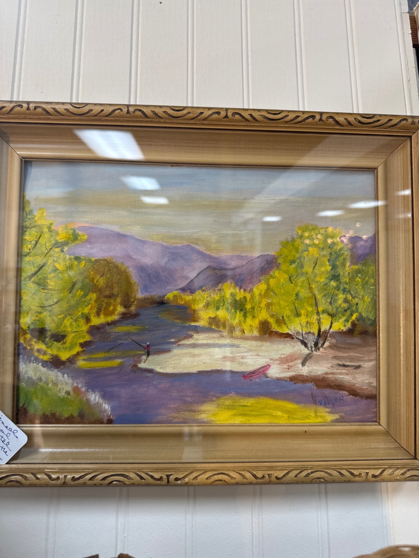 Fishing on the river oil pastel signed original 