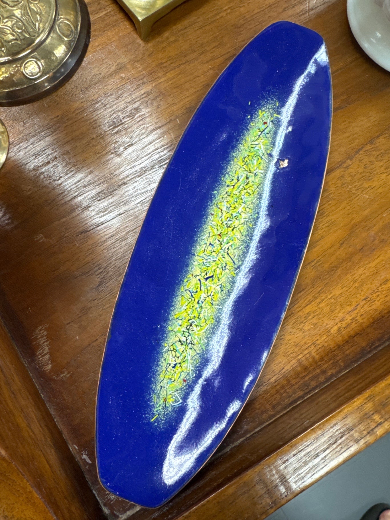 Kurtis Mills signed, enamel, brass dish