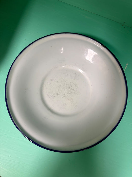 Swedish enamelware dish. 6” Vintage. White with blue trim