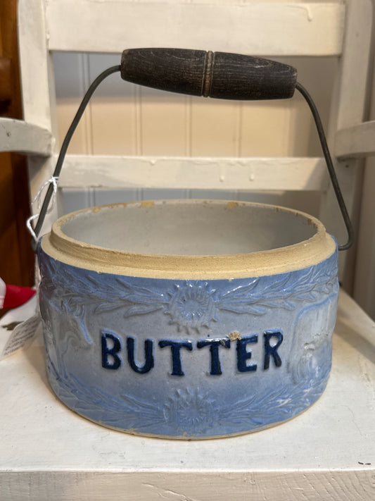 Stoneware butter crock with handle