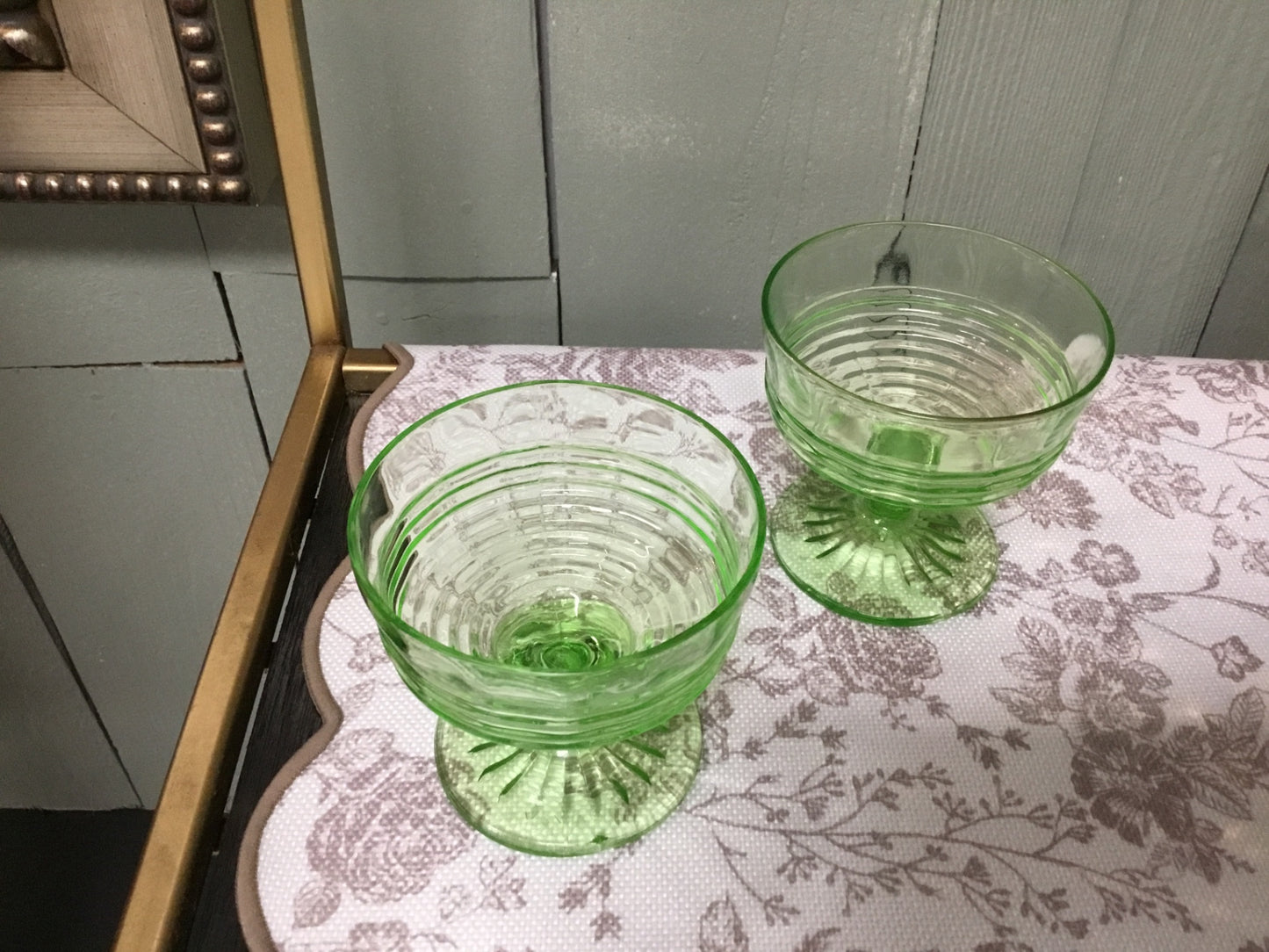 Pr. Vintage Anchor Hocking Vaseline glass Sherbet glasses