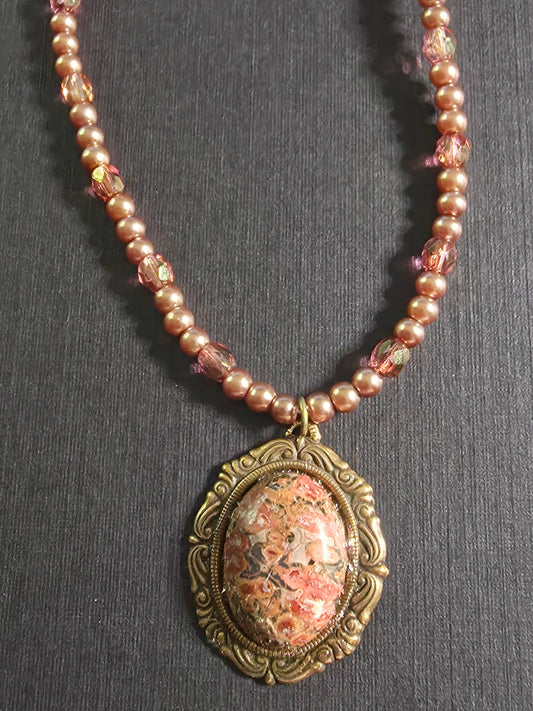 3n peach & gold beads w/ cab in oval setting 