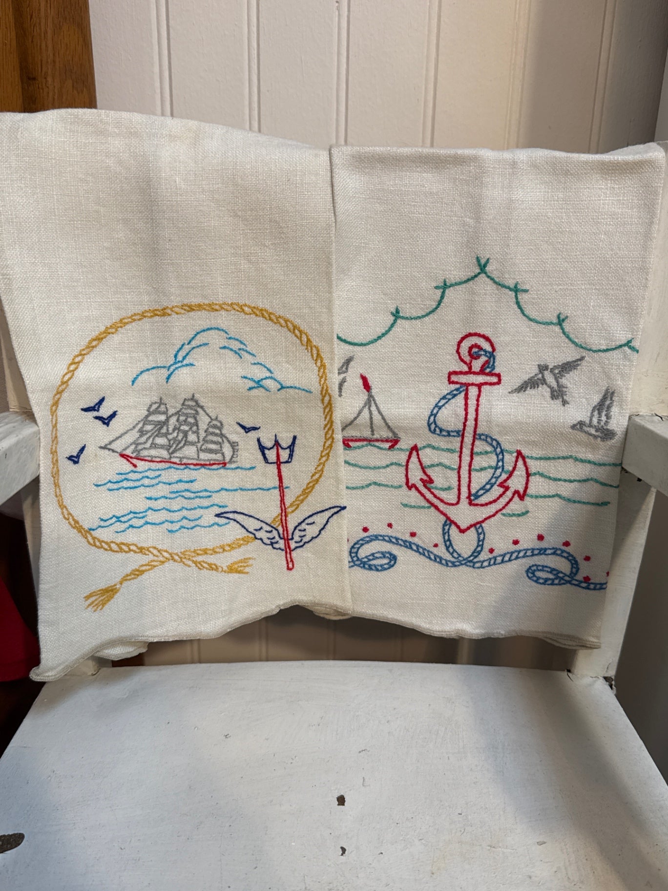 Vintage nautical hand embroidered set of hand towels
