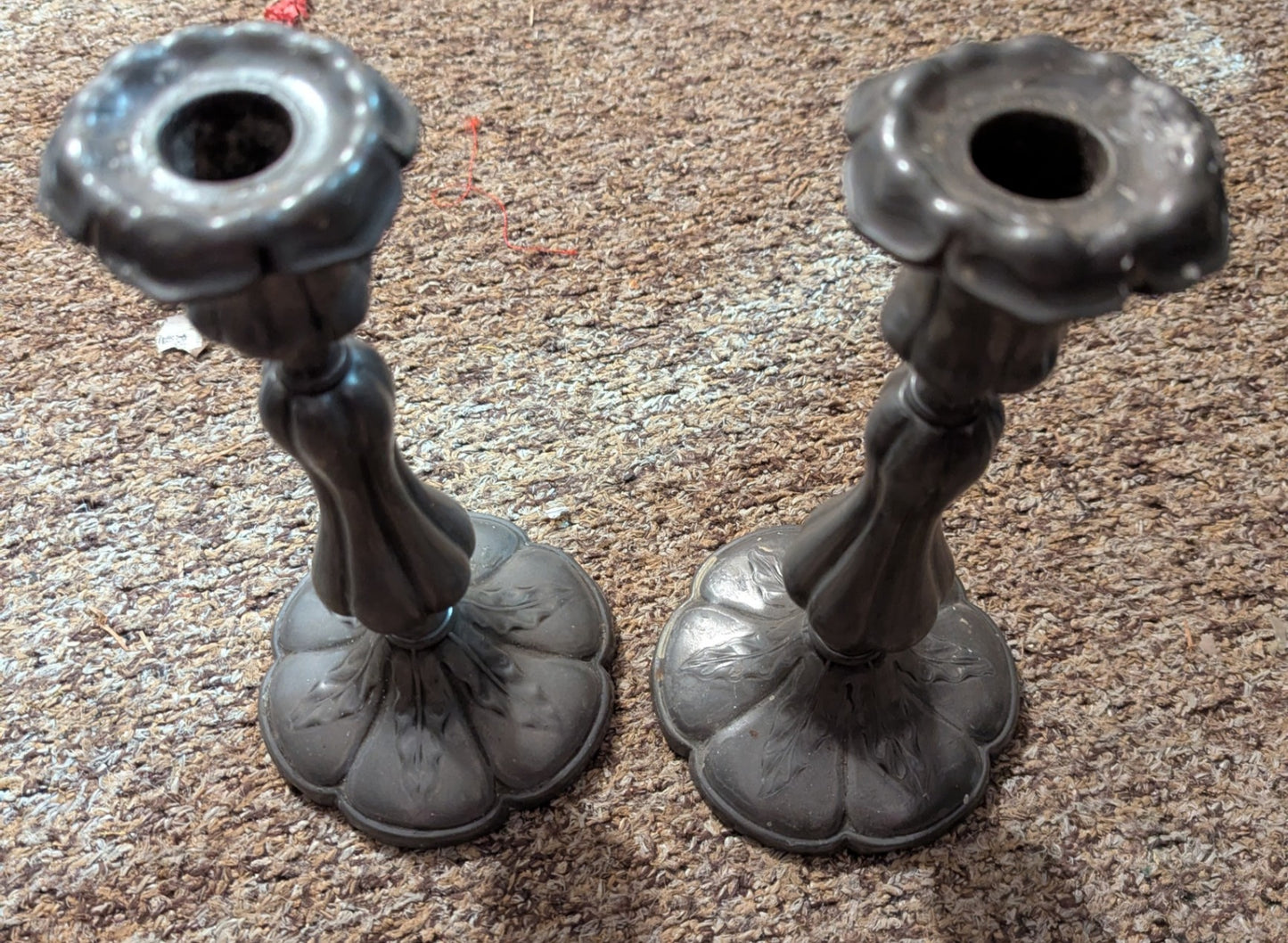Vtg. Pair of Pewter or Silver Plated Oranate Candlestick Holders