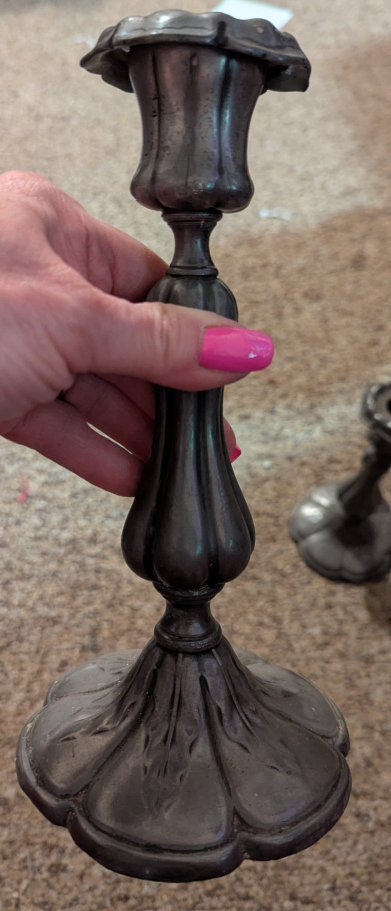 Vtg. Pair of Pewter or Silver Plated Oranate Candlestick Holders