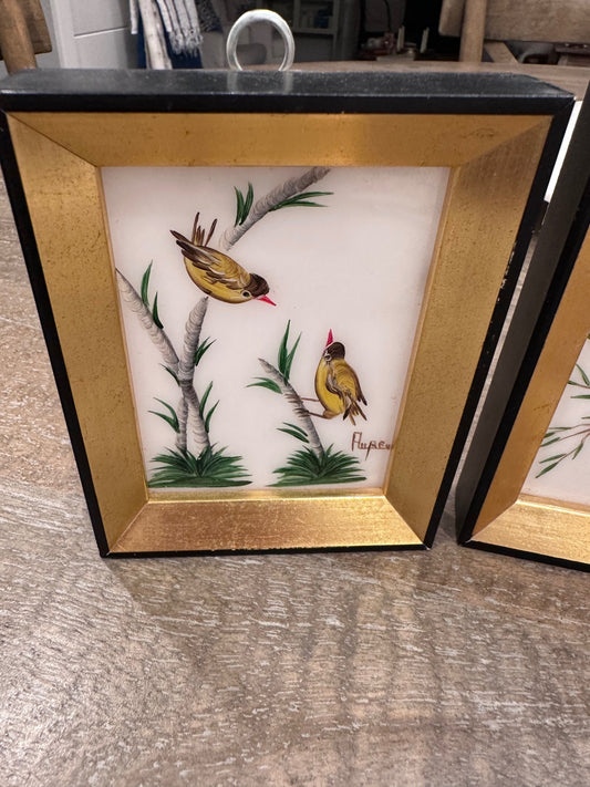 Pair of MCM made in Spainbird paintings miniature