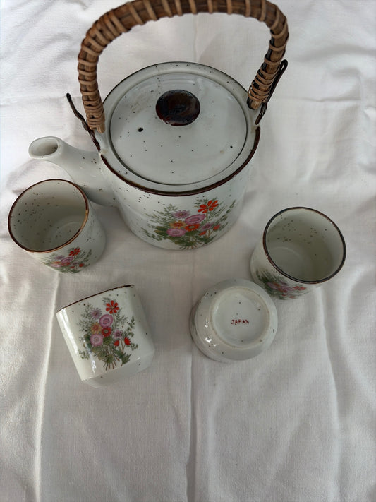 Pink Orange and Red floral designed Teapot and cups