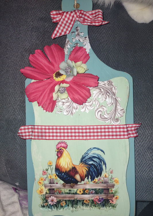 Cutting board rooster scroll.