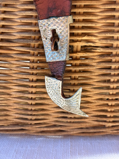 Vintage Woven Split Willow Fishing Creel with Embossed Fish Metal Hardware & Leather Strap