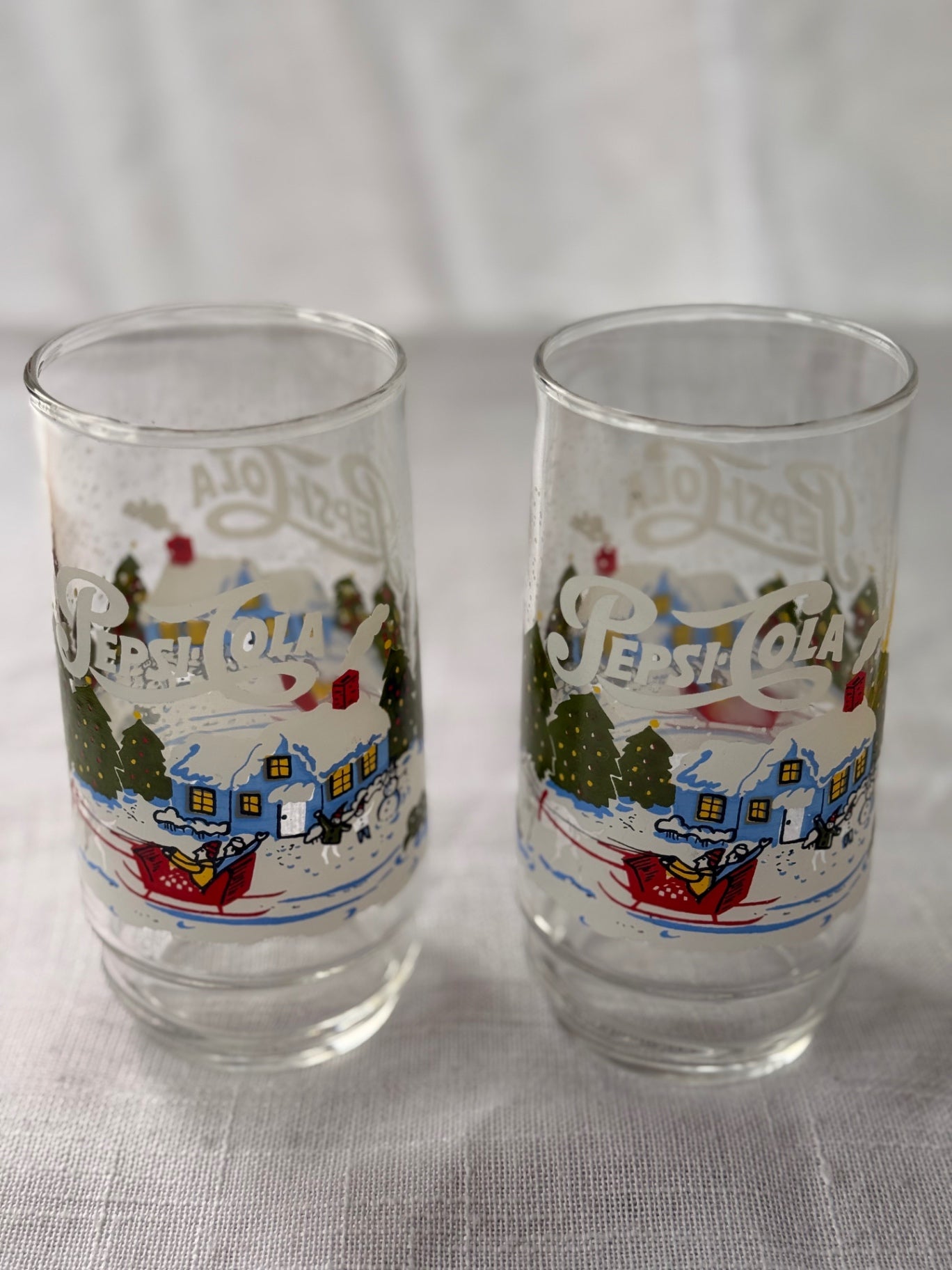 Vintage Set of 2 Pepsi-Cola Winter Village Tumblers - Red Sleigh & Snow Covered Houses Glasses