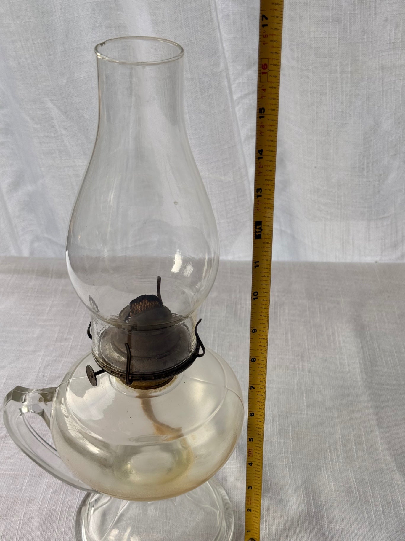 Vintage Clear Glass Oil Lamp - Antique Finger Lamp with Handle & Chimney