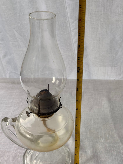 Vintage Clear Glass Oil Lamp - Antique Finger Lamp with Handle & Chimney