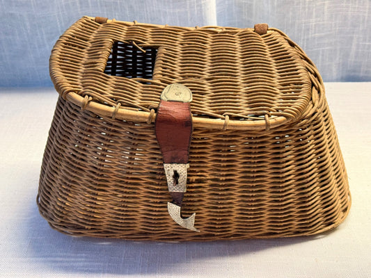 Vintage Woven Split Willow Fishing Creel with Embossed Fish Metal Hardware & Leather Strap