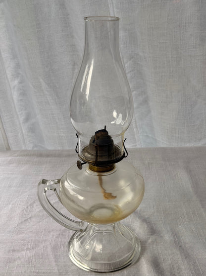 Vintage Clear Glass Oil Lamp - Antique Finger Lamp with Handle & Chimney