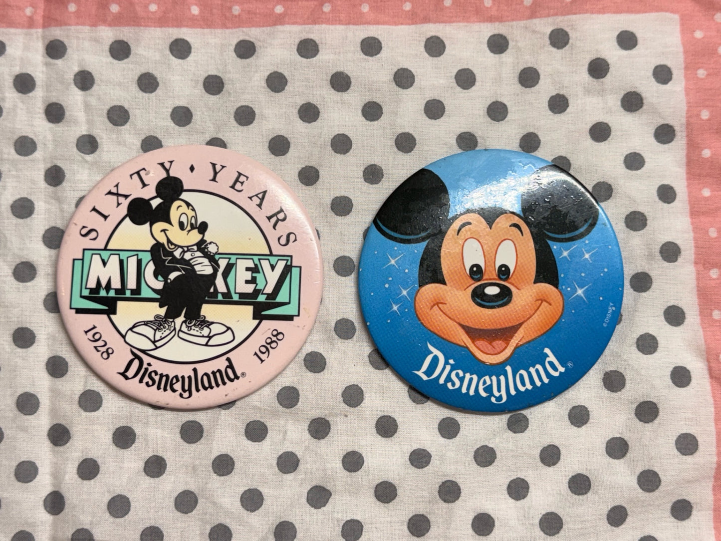 Lot of 2 Vintage 1980s Disneyland Mickey Mouse Souvenir Pinback Buttons