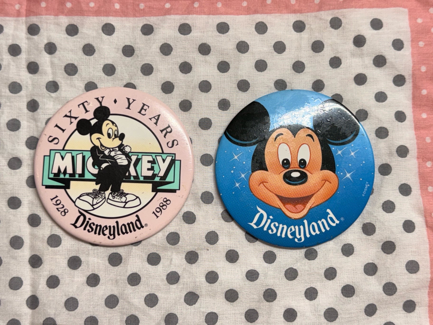 Lot of 2 Vintage 1980s Disneyland Mickey Mouse Souvenir Pinback Buttons