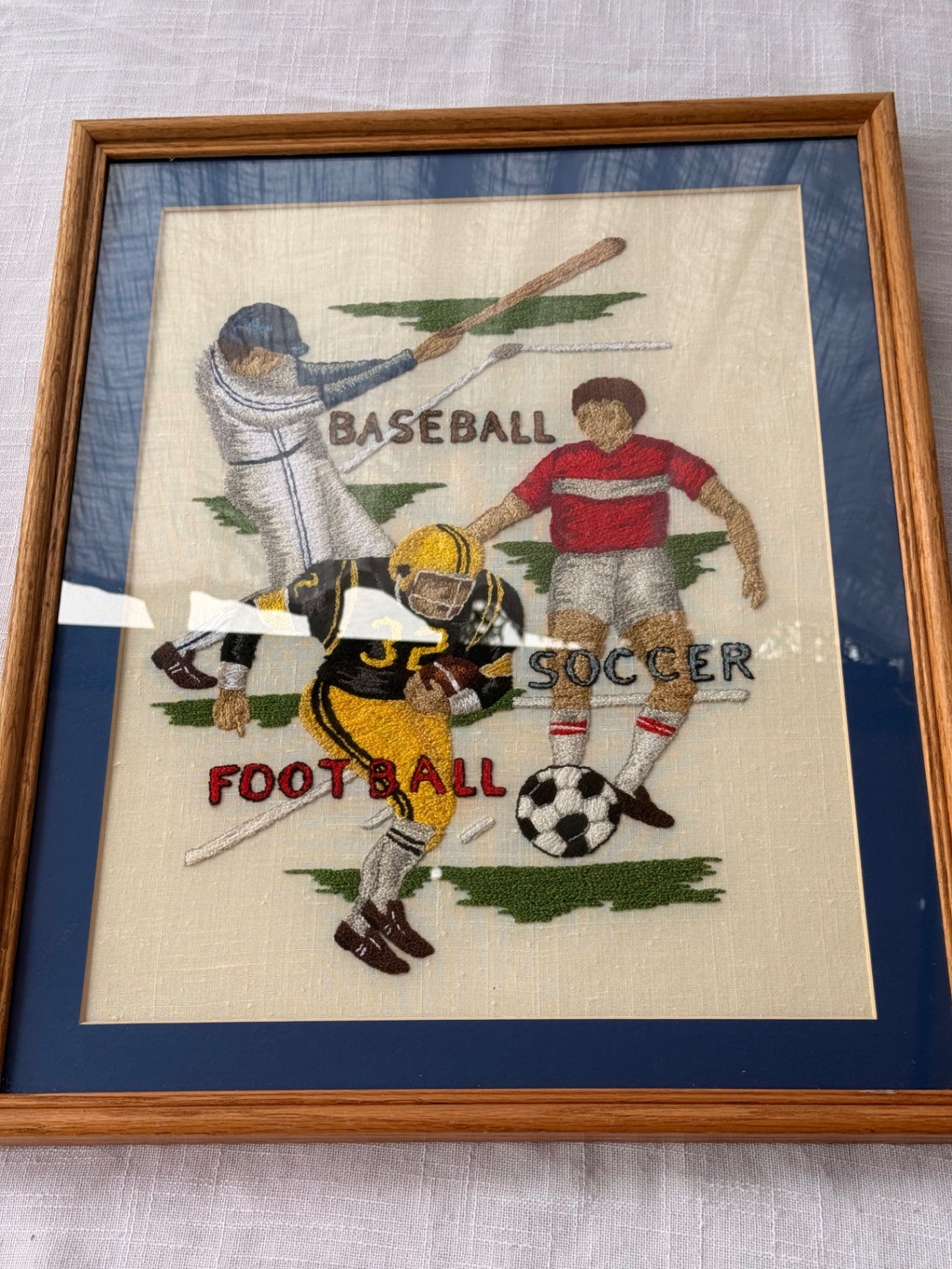 Vintage Framed Embroidered Multi-Sport Art - Baseball, Football, Soccer