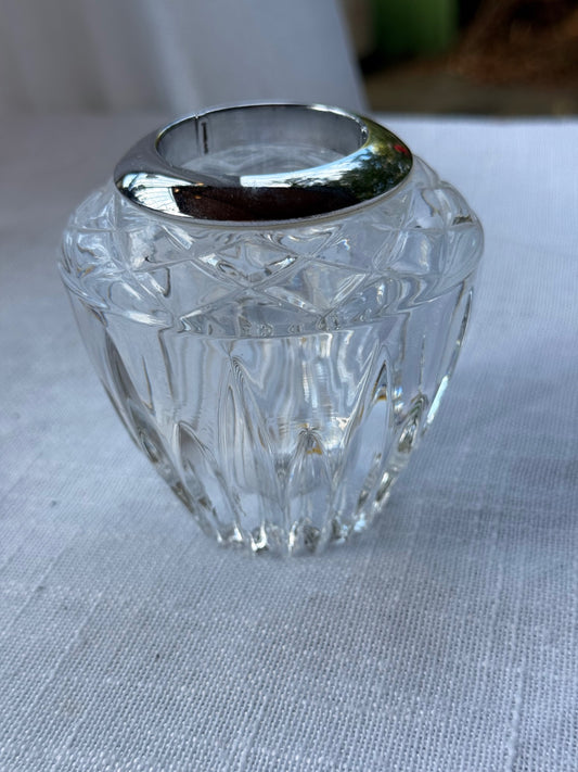 Vintage Heavy Cut Crystal Match Striker / Toothpick Holder with Chrome-Plated Rim