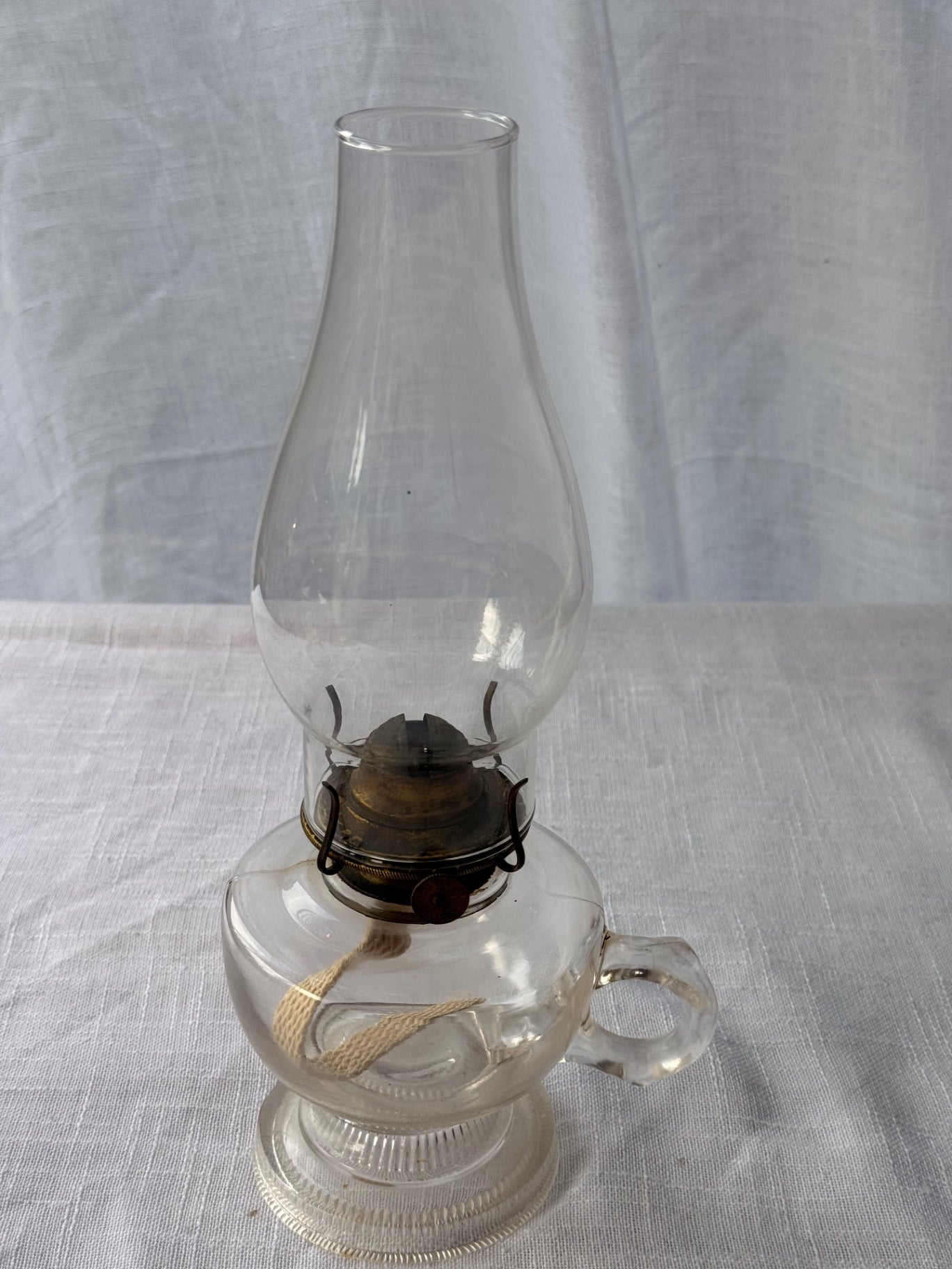 Vintage Clear Glass Oil Lamp - Antique Finger Lamp with Handle & Chimney