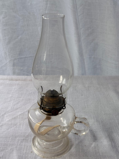 Vintage Clear Glass Oil Lamp - Antique Finger Lamp with Handle & Chimney
