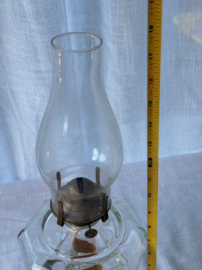 Vintage Clear Pressed Glass Kerosene Oil Lamp with Glass Chimney & Brass Burner