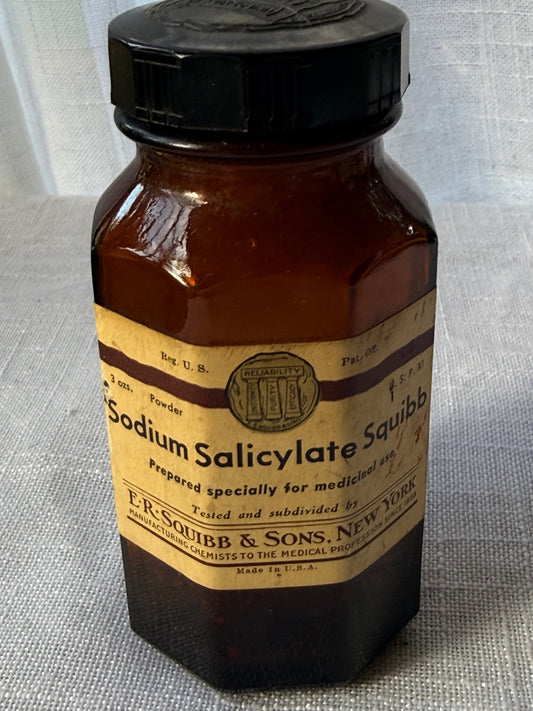 Vintage 1930s E.R. Squibb & Sons Amber Glass Pharmacy Bottle – Sodium Salicylate Powder (3 oz.)
