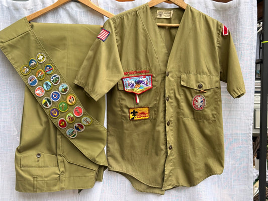 Vintage 1960s Boy Scouts BSA Eagle Scout Uniform Set – Shirt, Pants, Sash with 21 Merit Badges & Order of the Arrow Patches (Reno, NV)