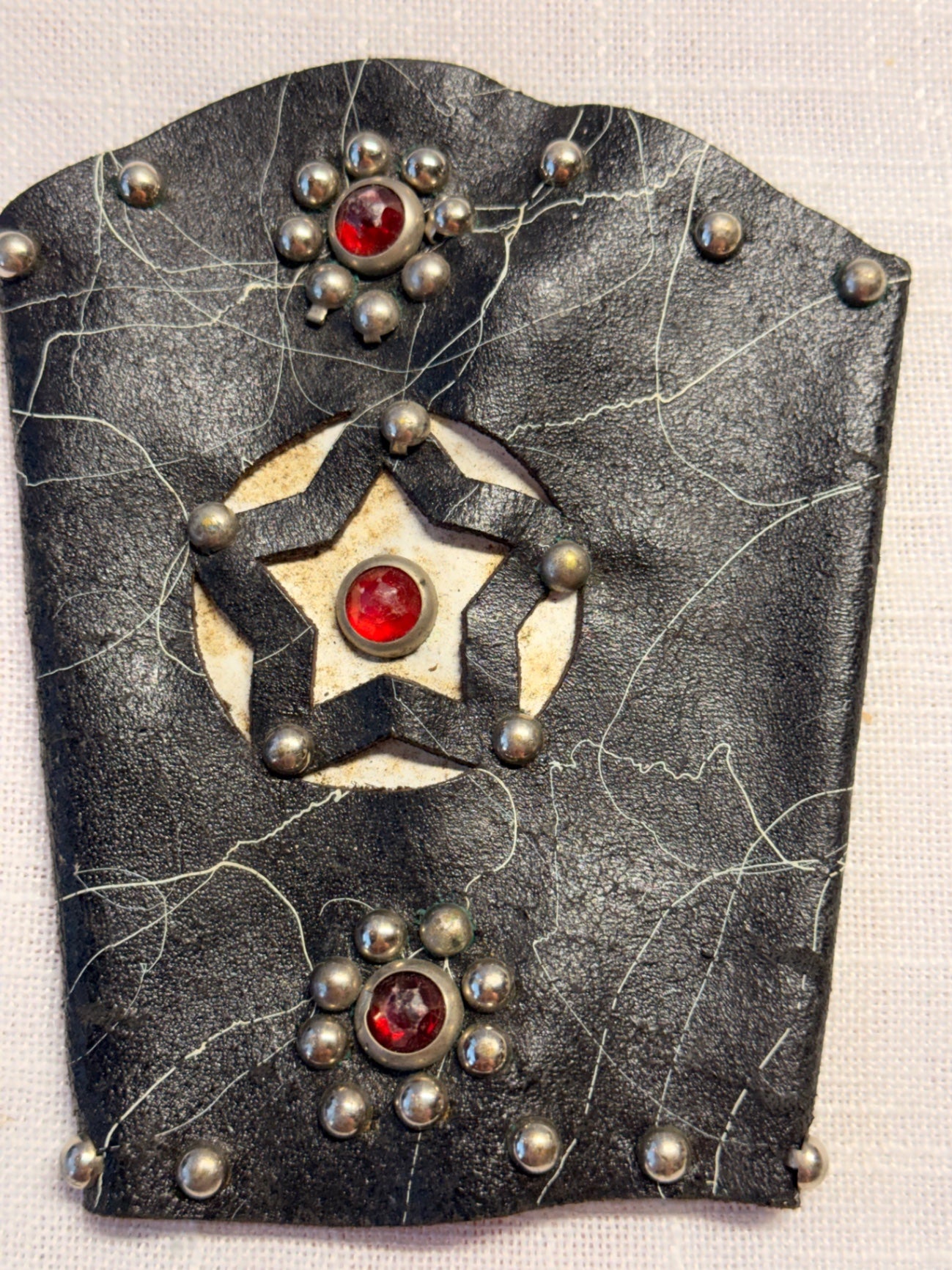 Vintage Black Leather Studded Cuff Wristband with Red Jewels & Star Cutout
