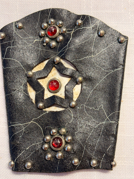 Vintage Black Leather Studded Cuff Wristband with Red Jewels & Star Cutout