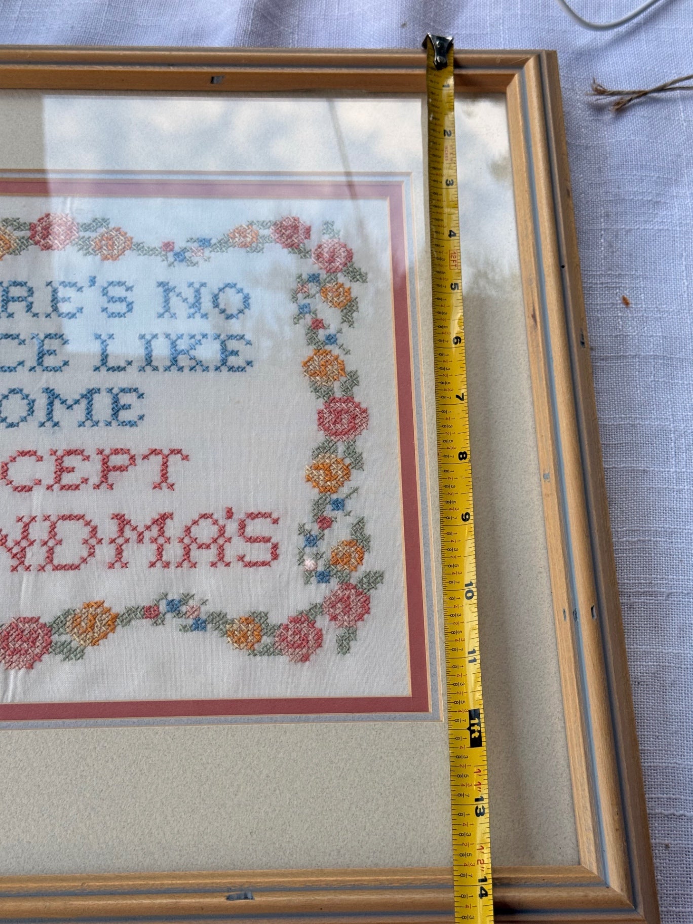Vintage Framed Floral Cross-Stitch Sampler – "There's No Place Like Home Except Grandma's"