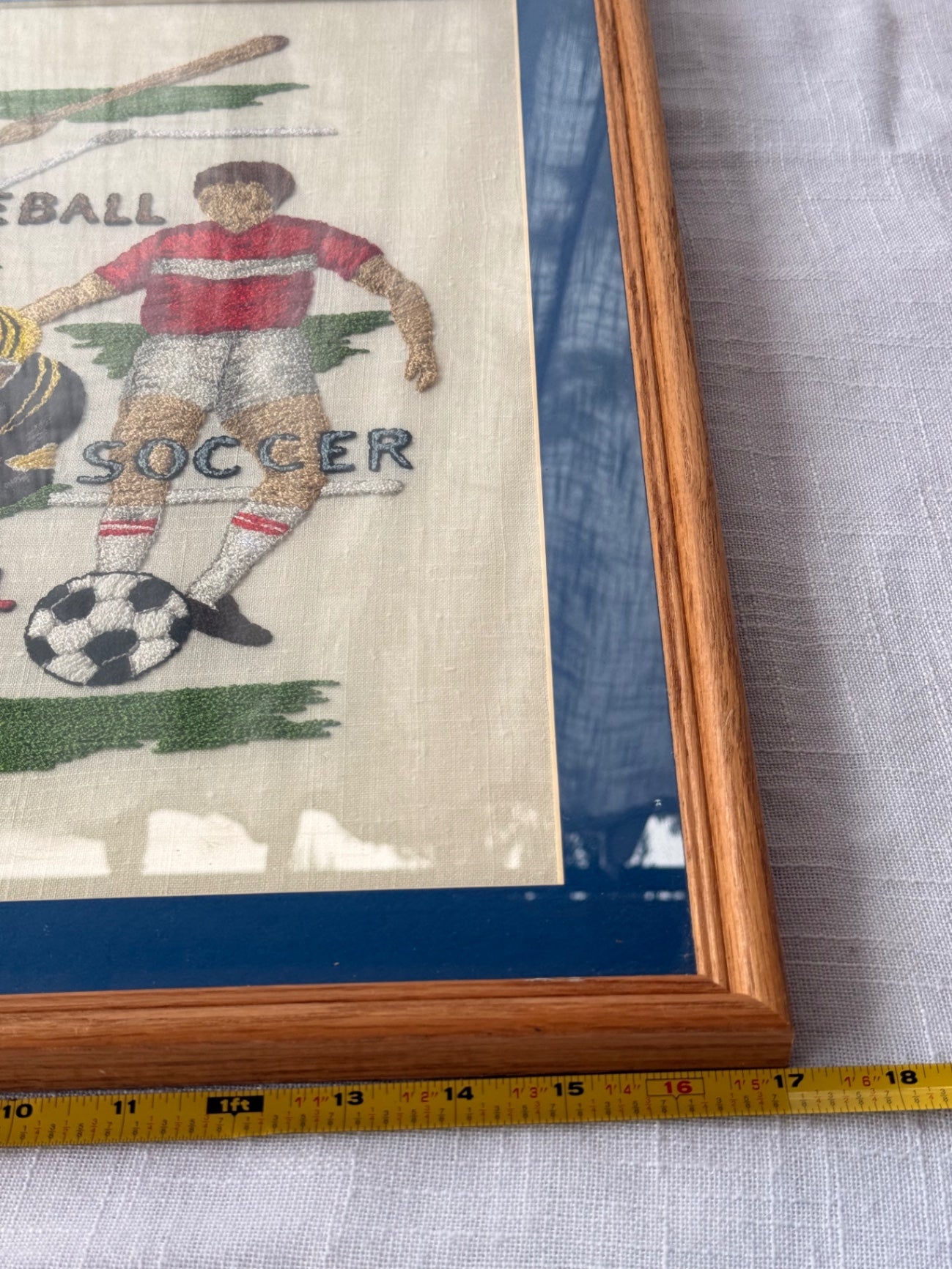 Vintage Framed Embroidered Multi-Sport Art - Baseball, Football, Soccer