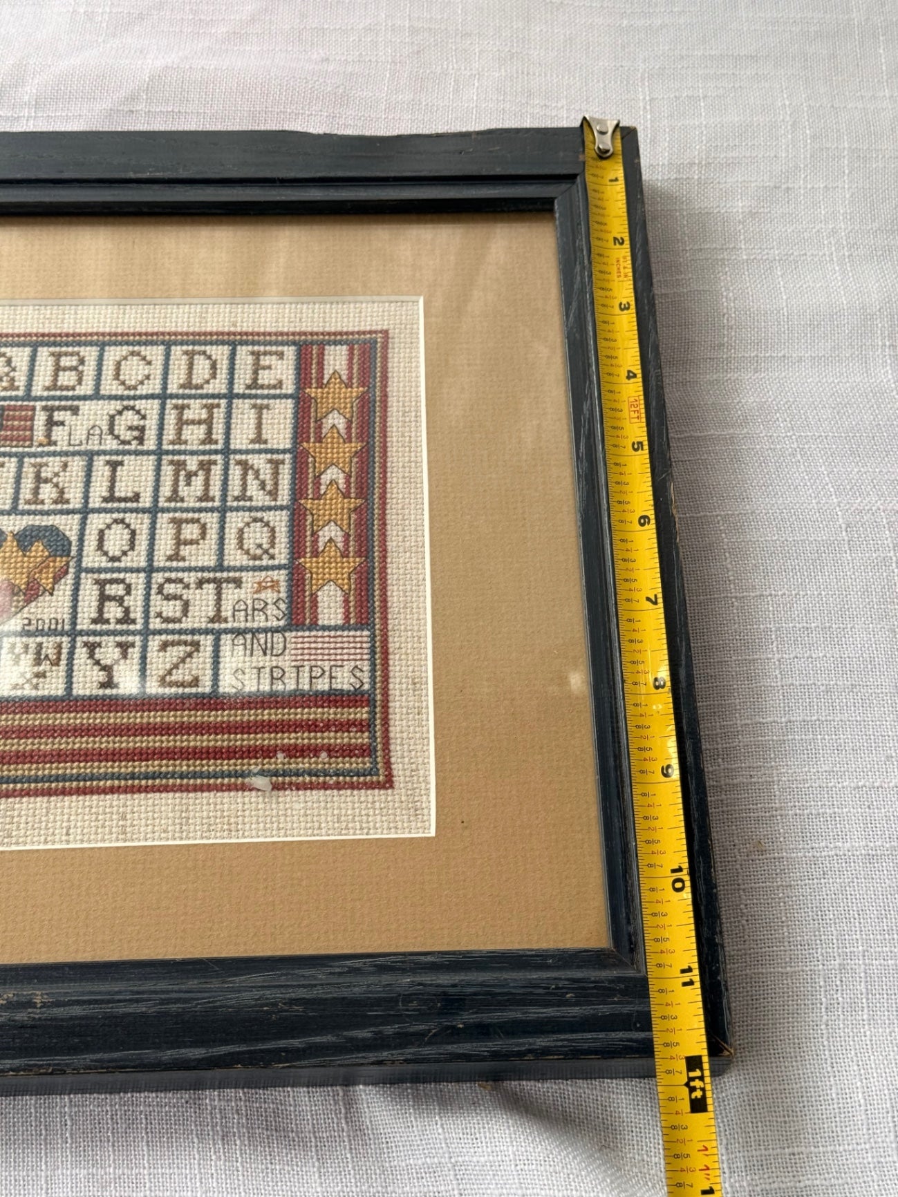 Vintage Framed Patriotic Alphabet Sampler Cross Stitch "Stars and Stripes" (2001)