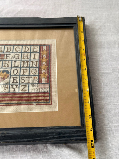 Vintage Framed Patriotic Alphabet Sampler Cross Stitch "Stars and Stripes" (2001)