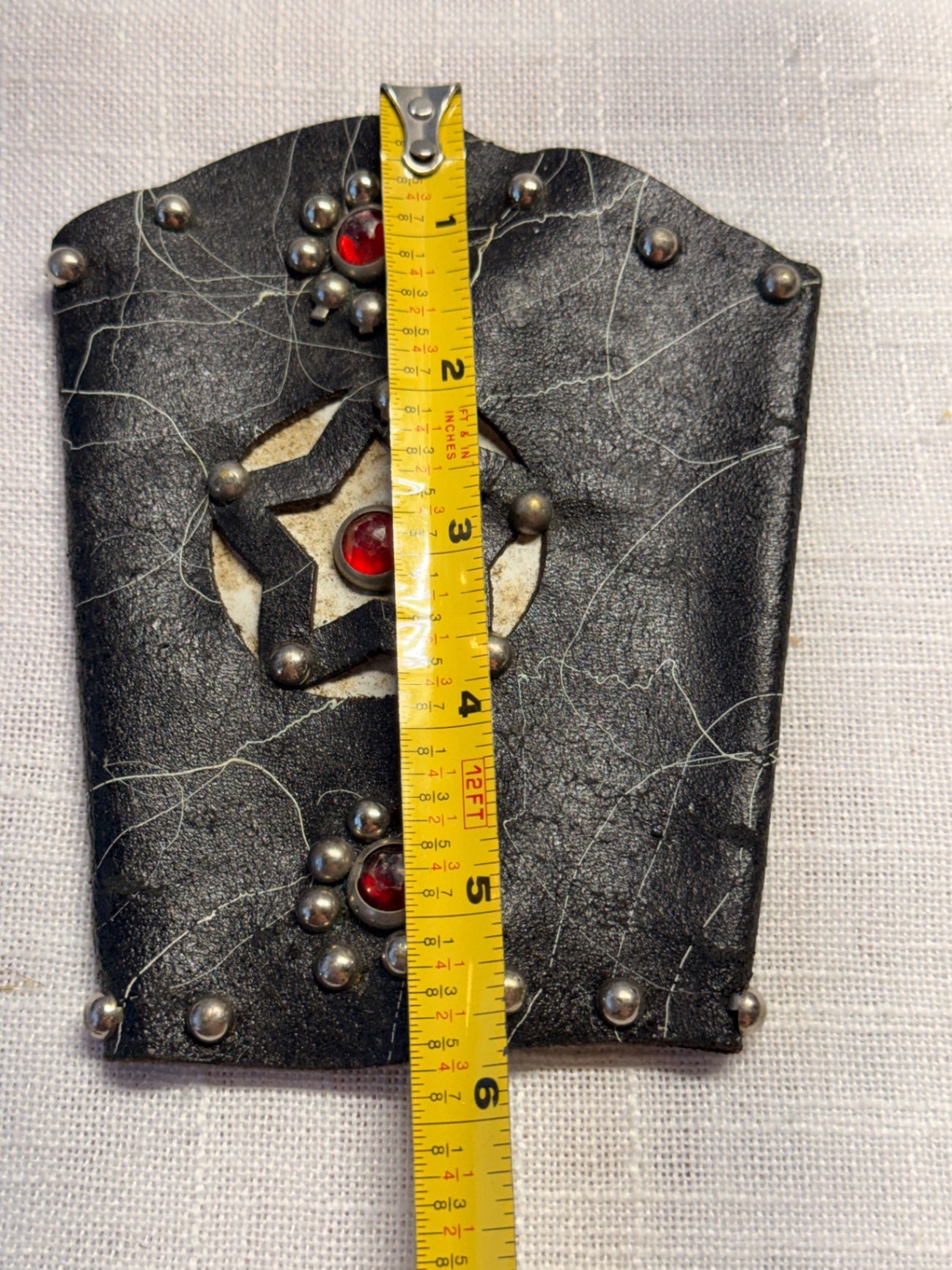 Vintage Black Leather Studded Cuff Wristband with Red Jewels & Star Cutout