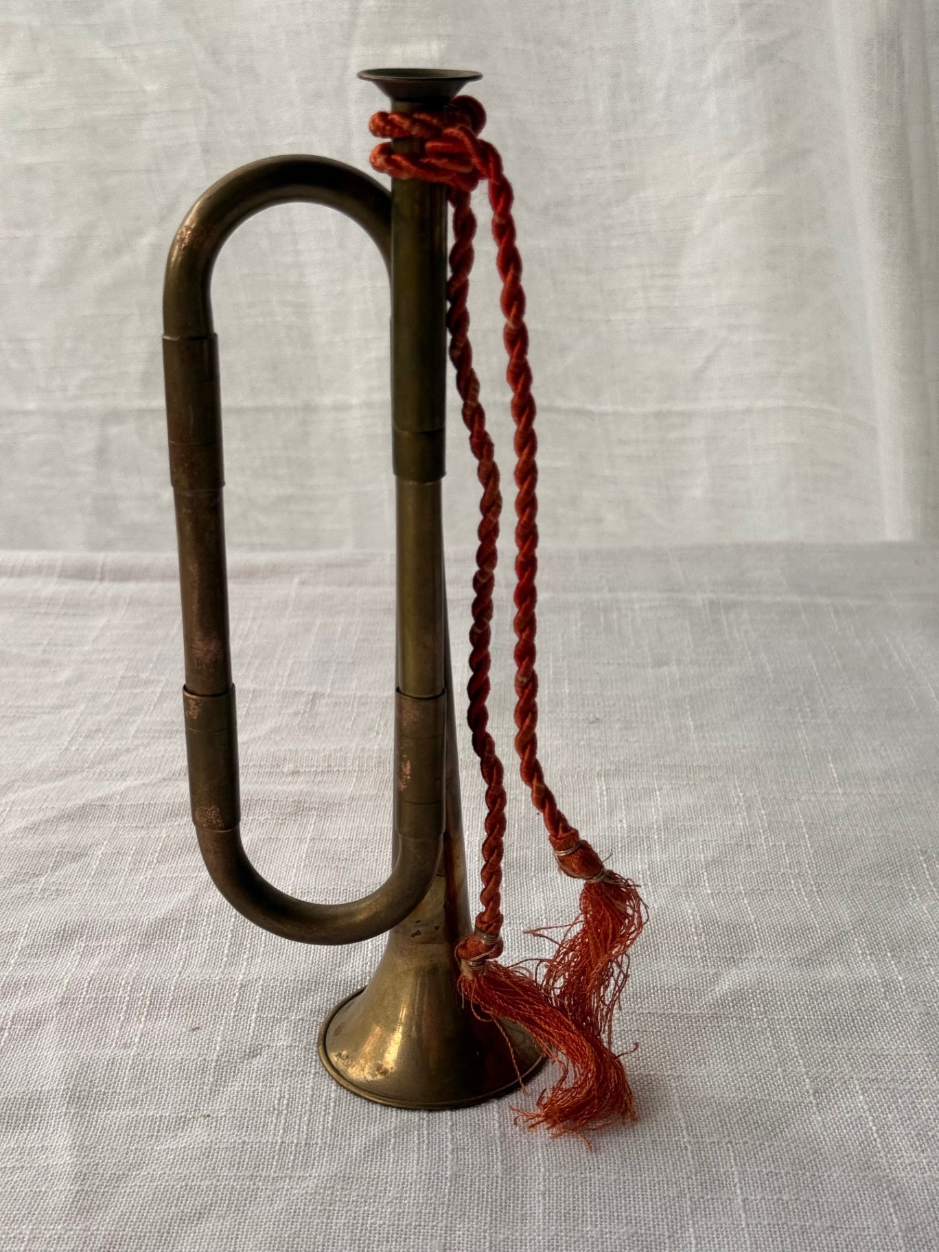 Vintage Miniature Brass Bugle Horn with Braided Red Cord and Tassels