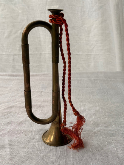 Vintage Miniature Brass Bugle Horn with Braided Red Cord and Tassels