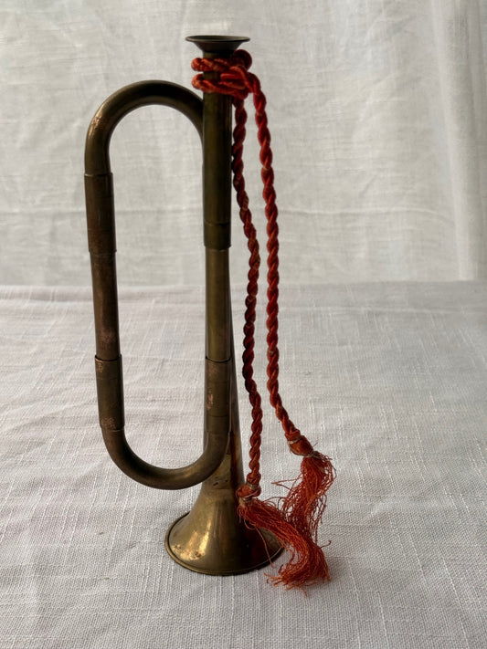 Vintage Miniature Brass Bugle Horn with Braided Red Cord and Tassels