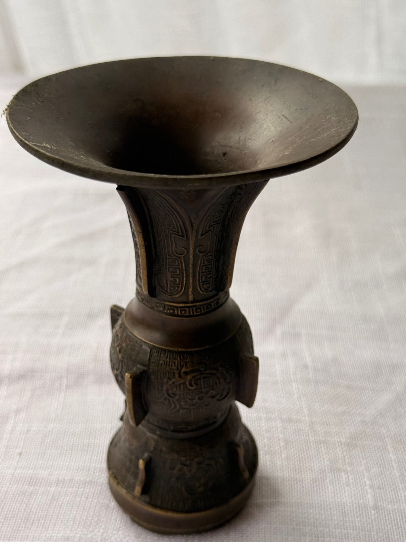 Vintage Heavy Bronze Archaic Ritual Gu Beaker Vase / Candlestick - Chinese Taotie Motifs - 6.25"