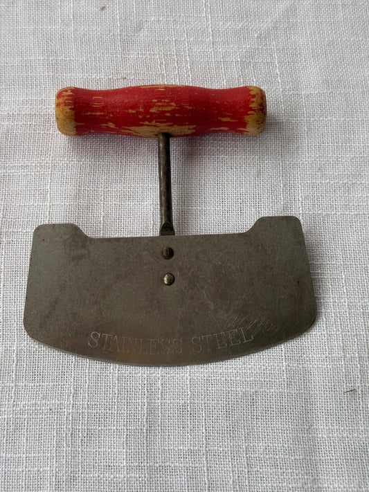 Vintage Stainless Steel Mezzaluna Herb and Salad Chopper with Red Wooden Handle