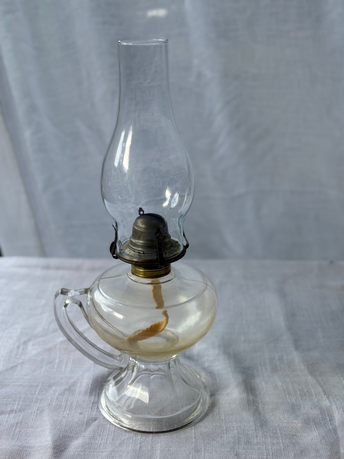 Vintage Clear Glass Oil Lamp - Antique Finger Lamp with Handle & Chimney