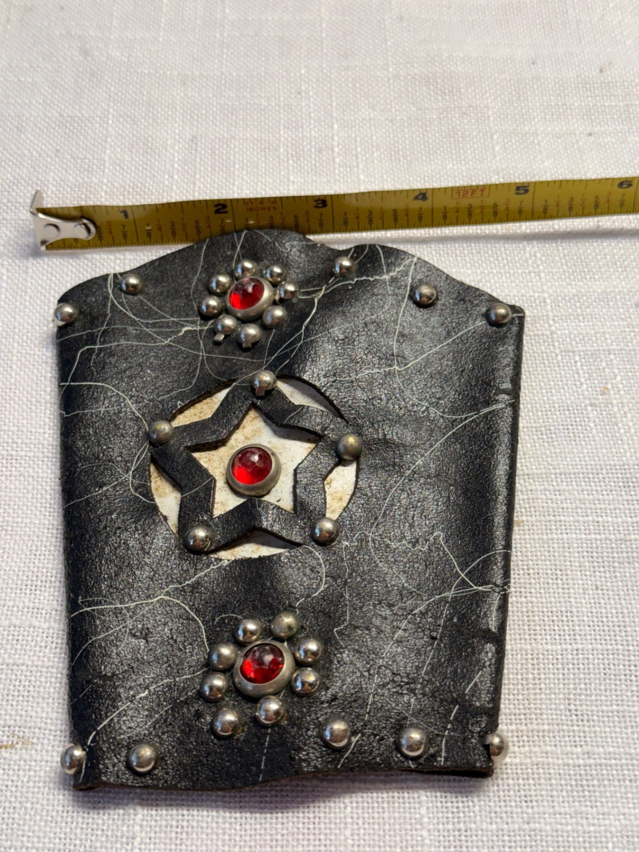 Vintage Black Leather Studded Cuff Wristband with Red Jewels & Star Cutout