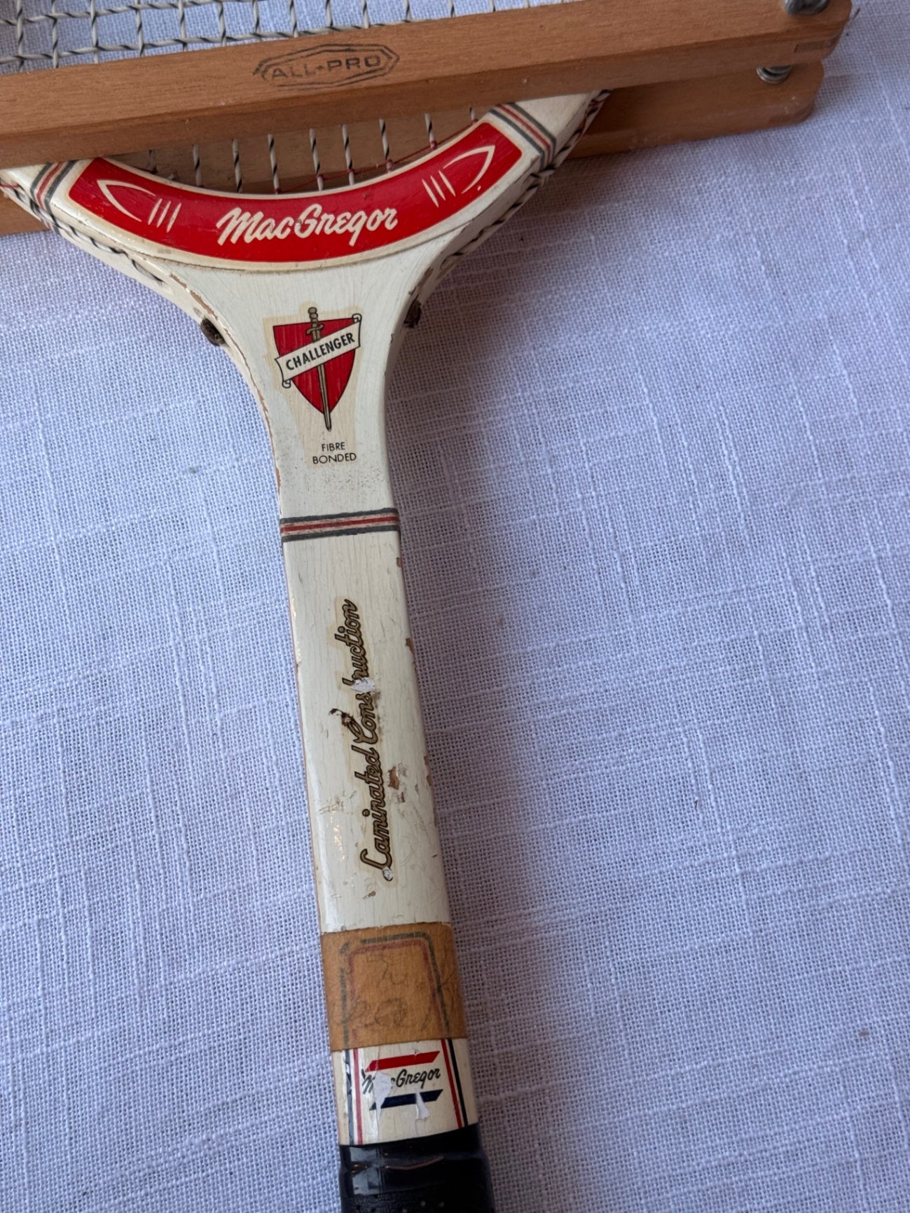 Vintage MacGregor Challenger Laminated Wood Tennis Racket with Wooden Press Holder
